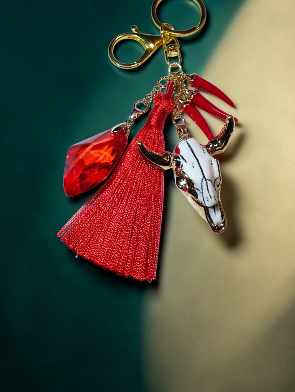 Gold Bull Skull Keychain with Red Tassel, Crystal & Chili Peppers